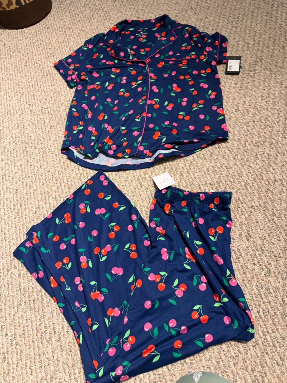 NWT Kate Spade Navy Cherry Soft Knit Cropped Pajama Set Size Medium  Retail $78